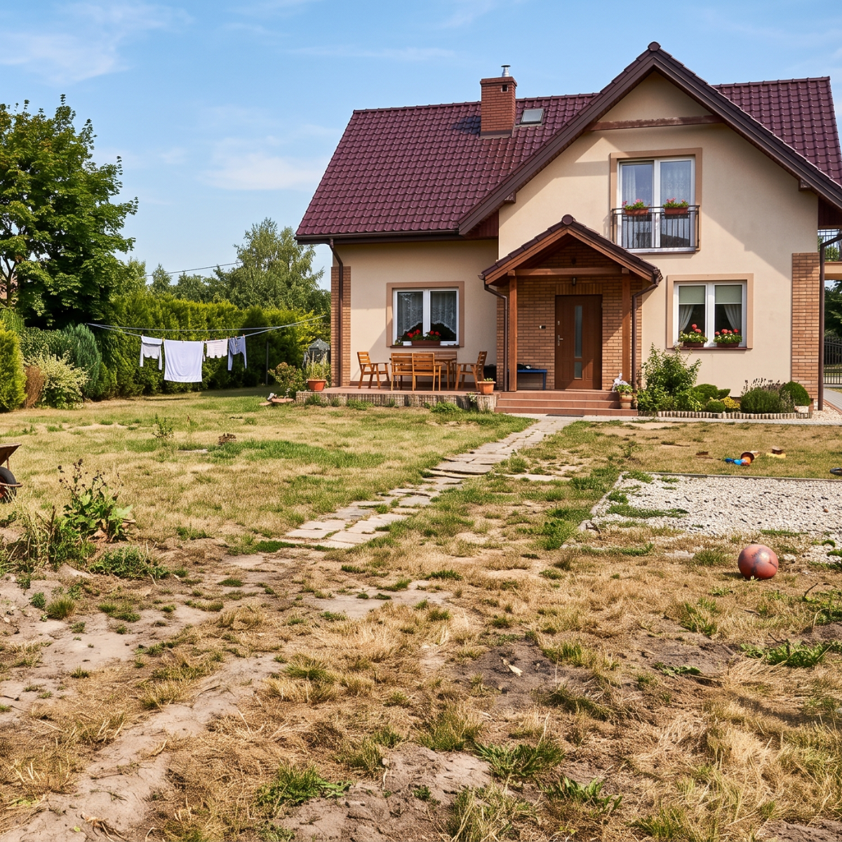 Zaniedbany, wyschnięty trawnik przed montażem trawy z rolki